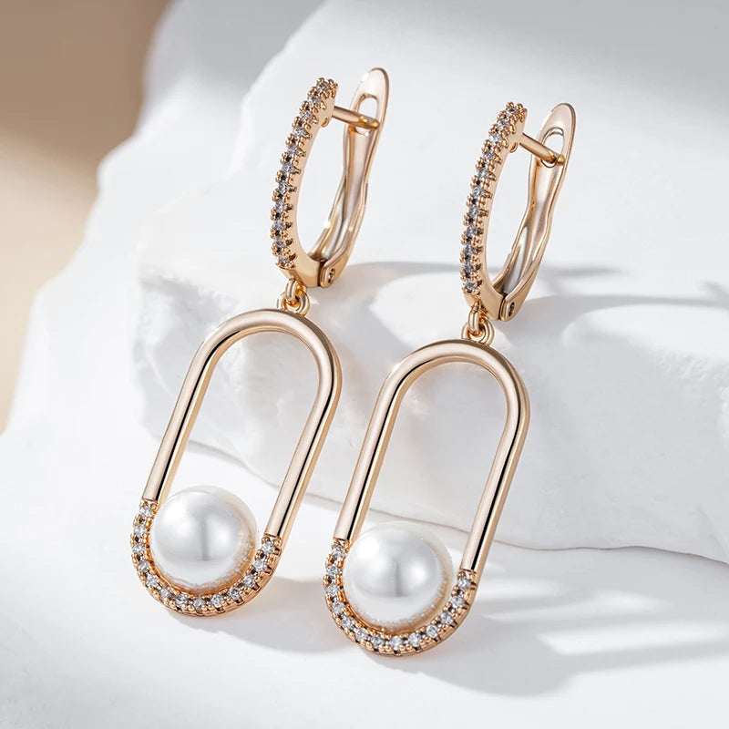 Women's  Unique Geometric Natural Zircon 585 Rose Gold Pearl Long Drop Earrings