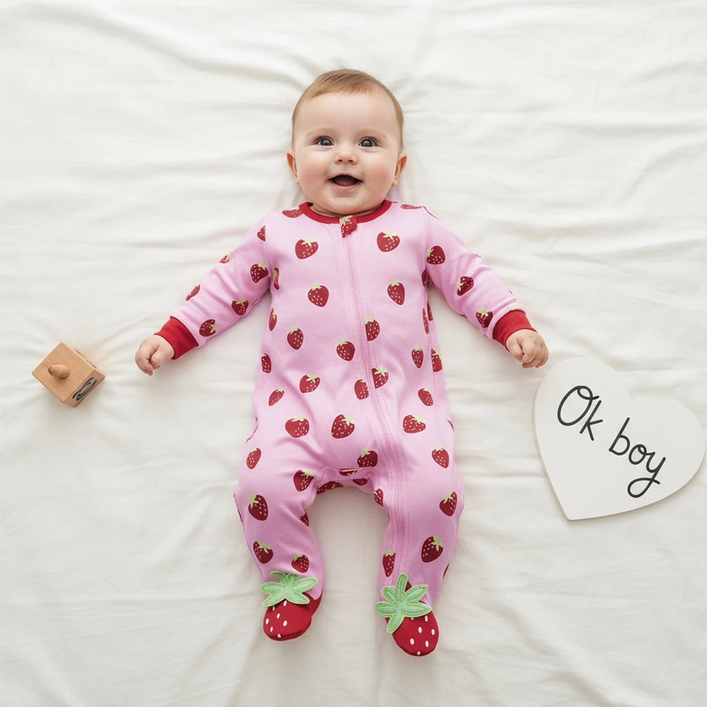 Baby Girls Boys Strawberry Print Romper - Long Sleeve Footed Jumpsuit 0-18M