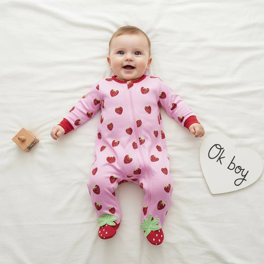 Baby Girls Boys Strawberry Print Romper - Long Sleeve Footed Jumpsuit 0-18M