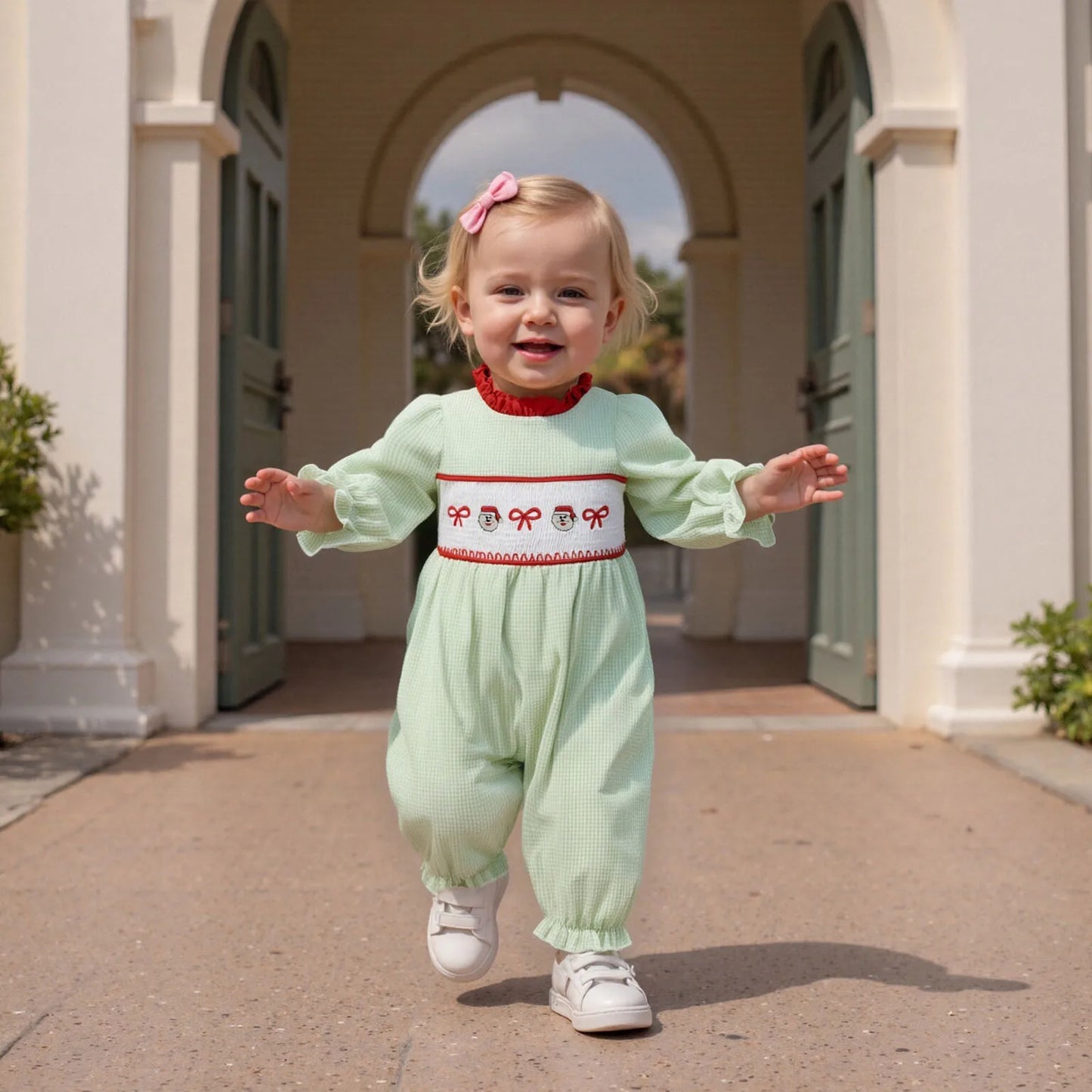 Baby Girls' Christmas Romper - Santa & Gingerbread Embroidery Smocked Long Sleeve Jumpsuit