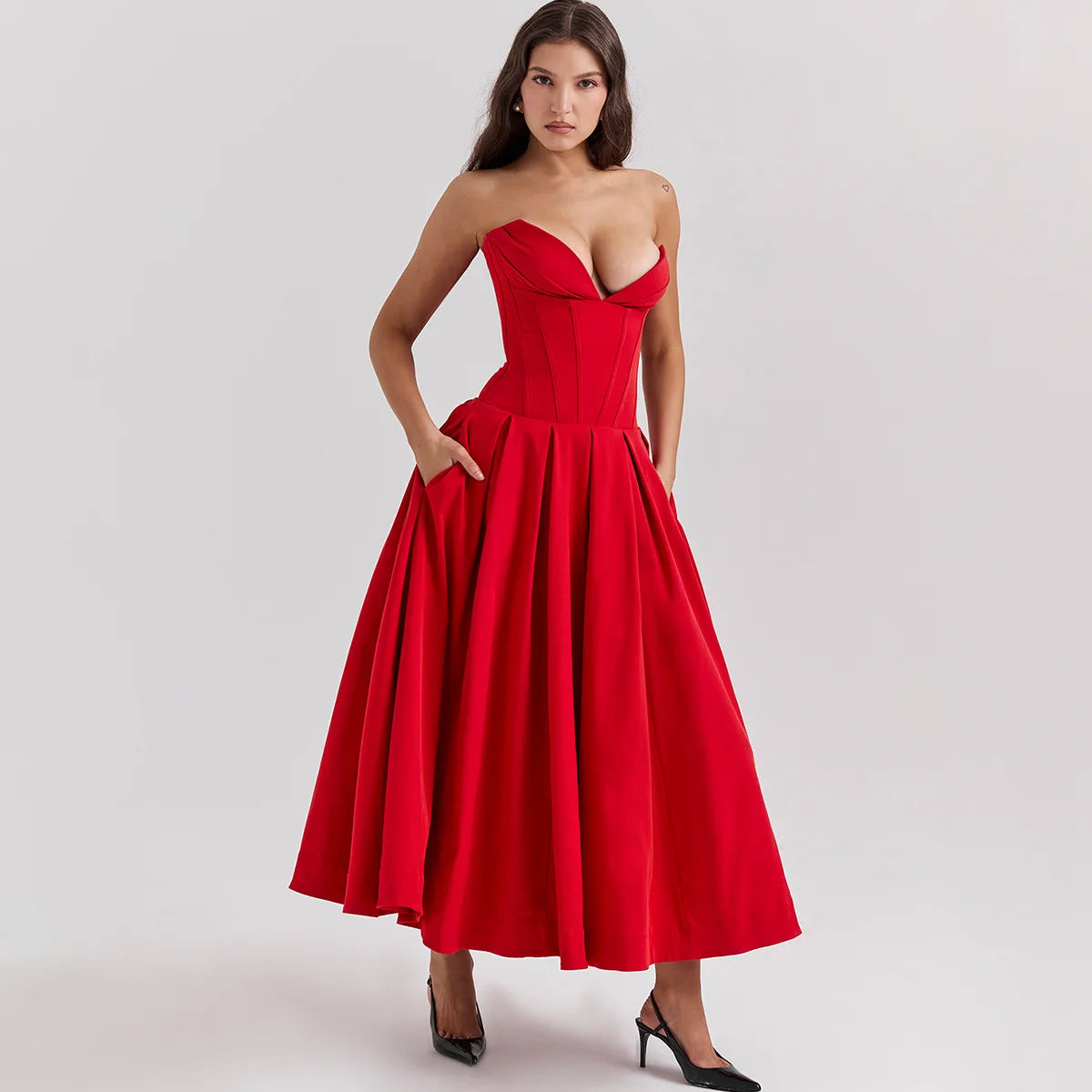 Strapless V Bar Slinky Midi Dress  Outfit - Women Frill Hem Sleeveless Corset Dress