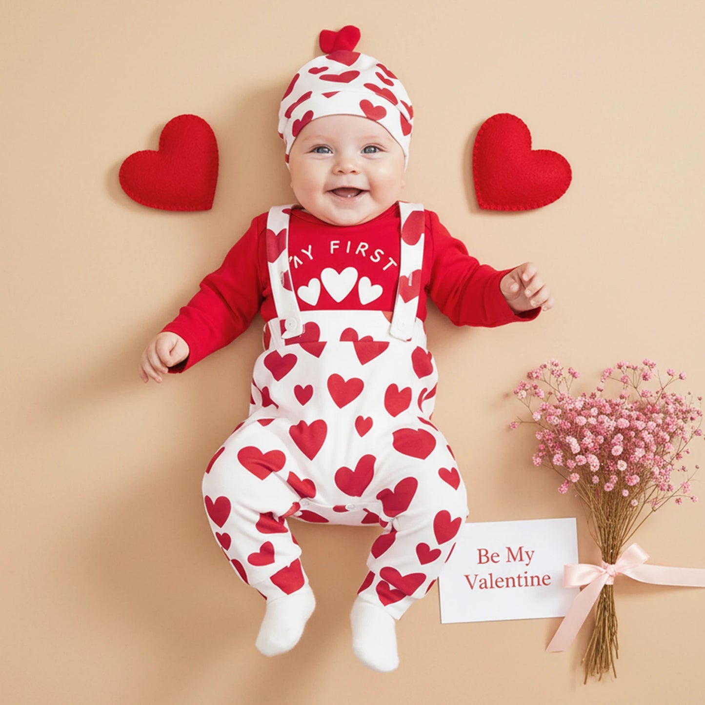 Baby Boys Valentine's Day Outfit Set - Heart Print Romper with Suspender Pants & Hat 0-18M