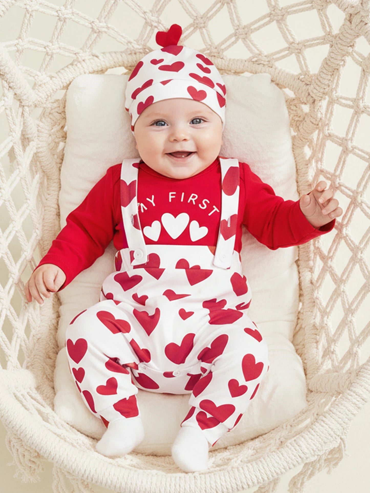 Baby Boys Valentine's Day Outfit Set - Heart Print Romper with Suspender Pants & Hat 0-18M