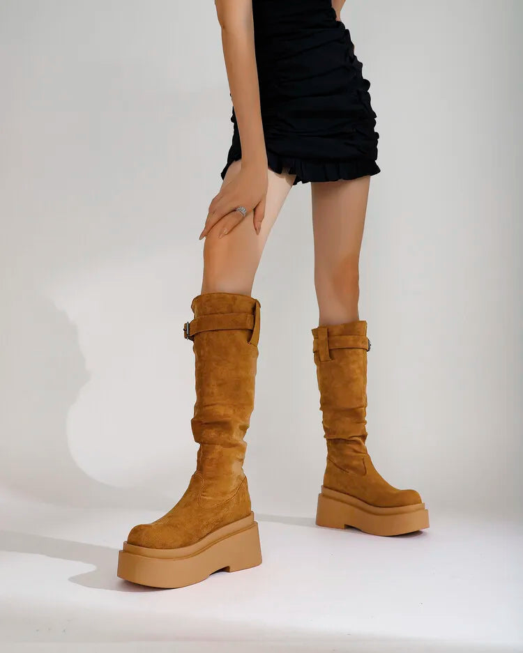 Women's Suede  Round Toe Knee High Buckle Pleats Boots