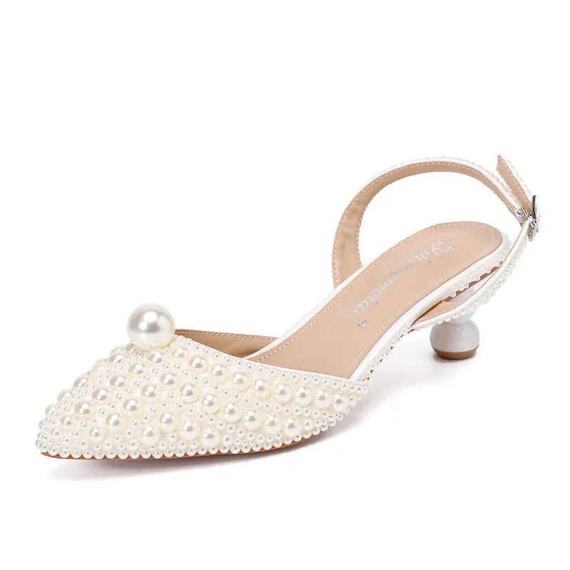 Women's 5cm Round Heel Shaped Heel Pearl Sandals