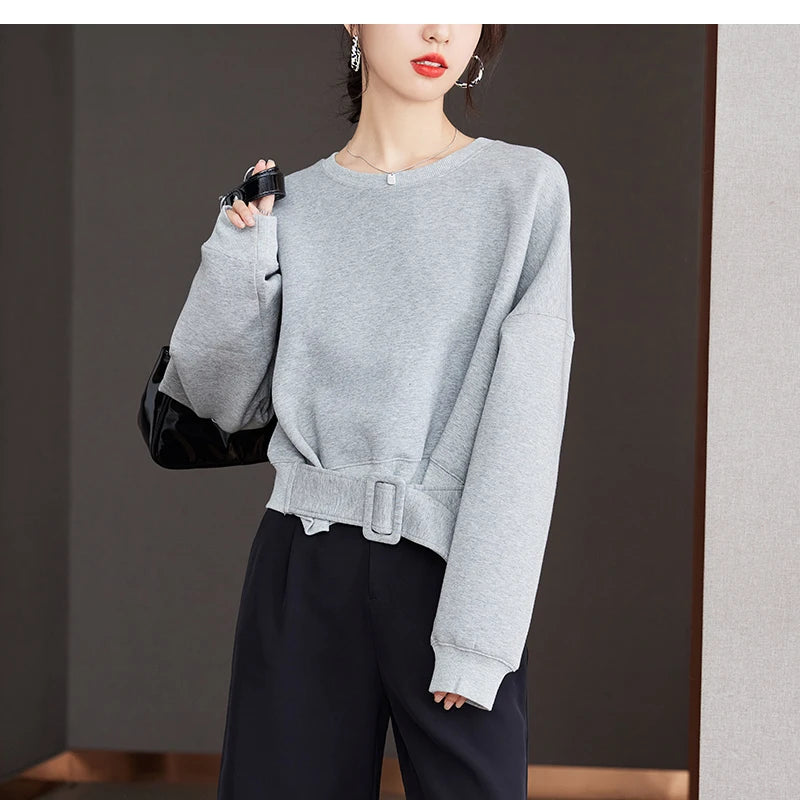 Women Plain Long Sleeve Belt Waist Loose Casual Oversize Pullover Jumper Sweatshirt