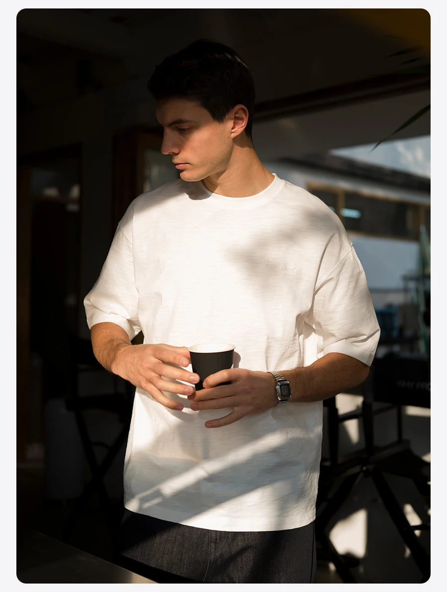 Heavyweight 300gsm Slub Cotton Oversized T-Shirt with Letter Embroidery