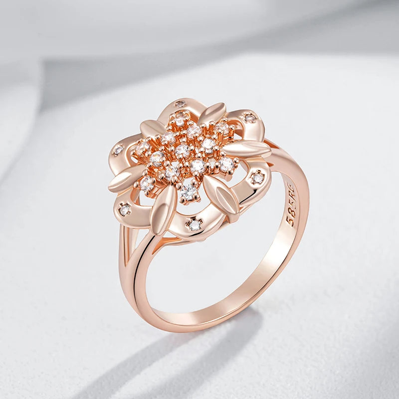 Unique Crystal Flower Wedding Ring - Rose Gold