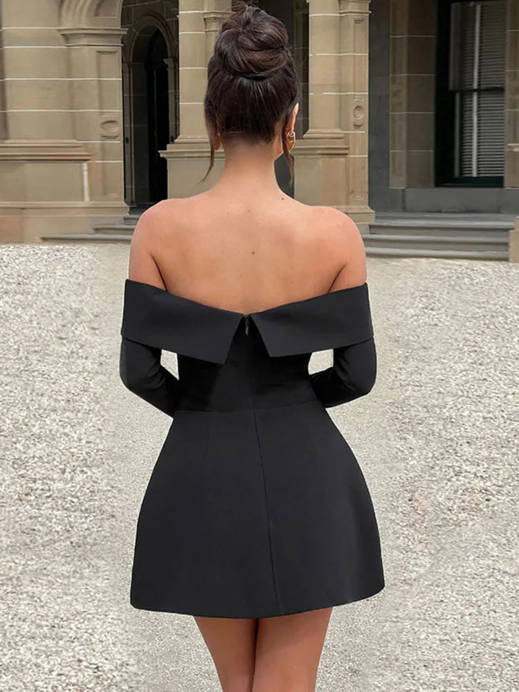 Women's One-Shoulder A-Line Elegant Slim Mini Flare Long Sleeve Splice Dress