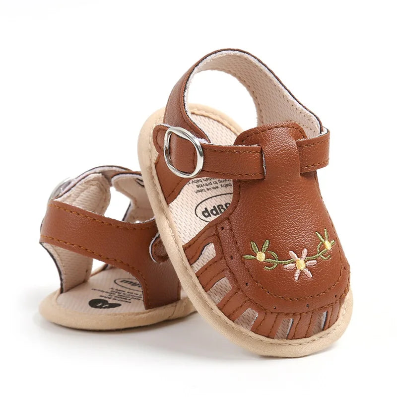 Newborn Baby Sandals PU Leather Non-slip Flower Embroidery Summer Flats Shoes