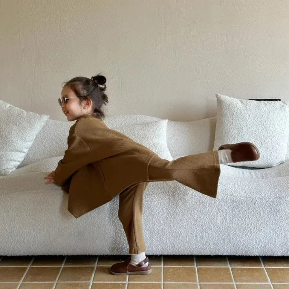 Children's Set Girls' Solid Loose Round Neck Cape Top Flare Pants 2 Piece Set