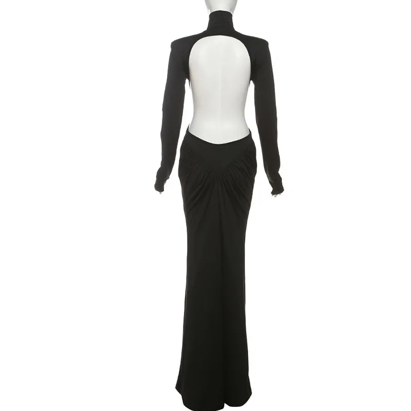 Women's Ruched Long Sleeve Maxi Dress - Elegant Backless Evening Gown
