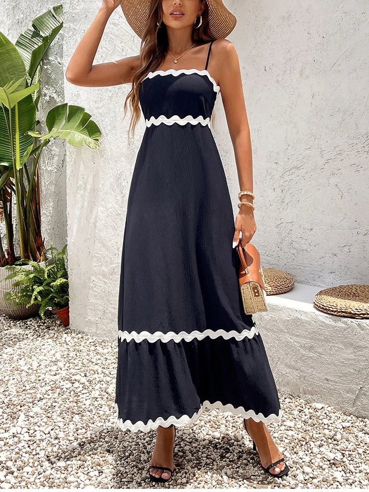 Elegant Ice Silk Spaghetti Strap Maxi Dress Round Neck Sleeveless Flower Trim A-Line Dress