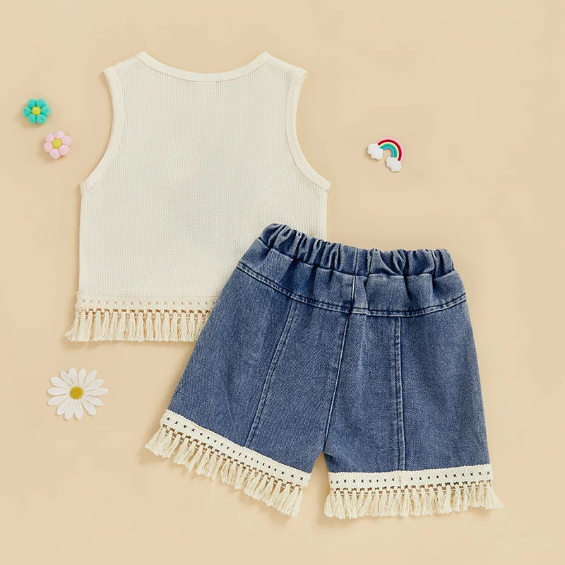 1-5Y Kids Girls Summer Clothes Sets Sleeveless Floral Embroidery Tasseled Tank Top and Elastic Denim Shorts