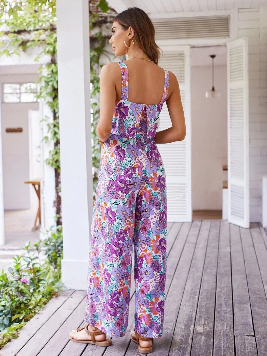 Women Elegant Long Jumpsuit - Backless Wide Leg Jumpsuits Casual Sleeveless Floral Summer Jumpsuit