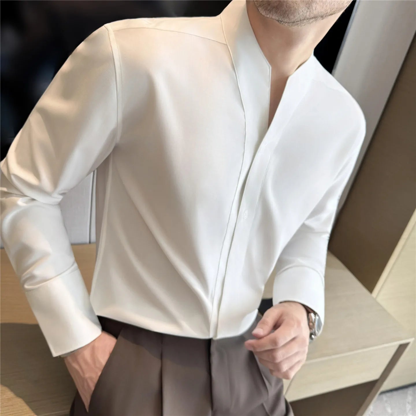 Men's Collarless French Shirt - Long Sleeve Solid Colour Casual Business Blouse for Spring Autumn