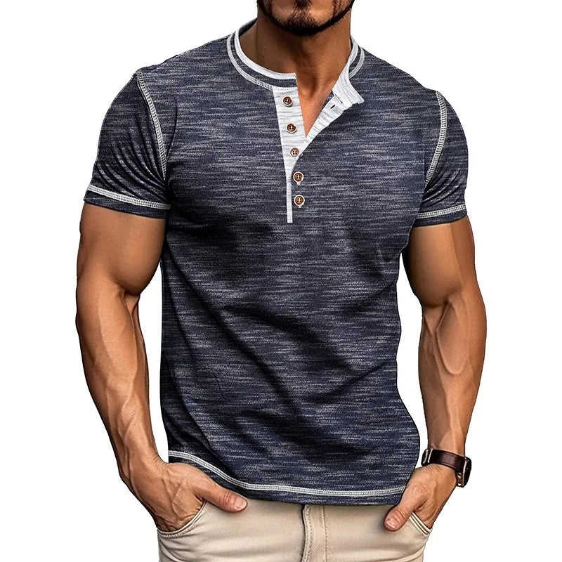 Men's Summer Henry Collar Patchwork Short Sleeve Casual Breathable Pullover T-Shirt