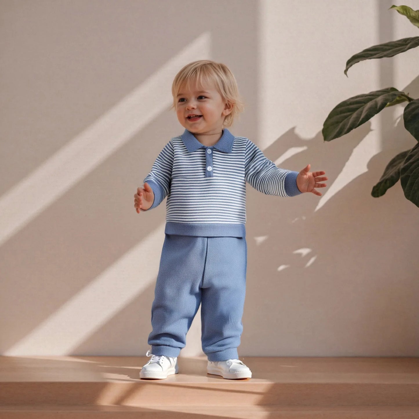 Baby Boys Striped Outfit Set - Long Sleeve Lapel Top with Pants (0-4Y)