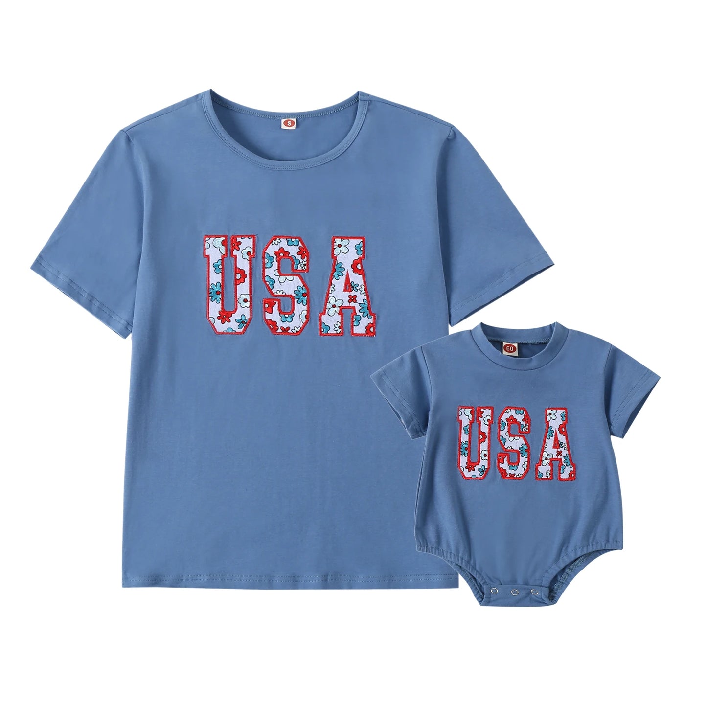 USA Family Matching Outfit - Adult Baby Boys Girls T Shirts/Romper Babygrow Short Sleeve Letter Embroidery Outfit