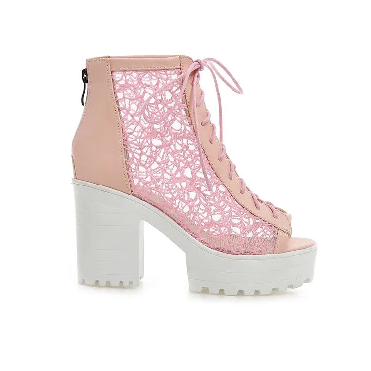 Women's Open Toe Summer Short Back Zipper Leather Mesh Hollow Cool Boots
