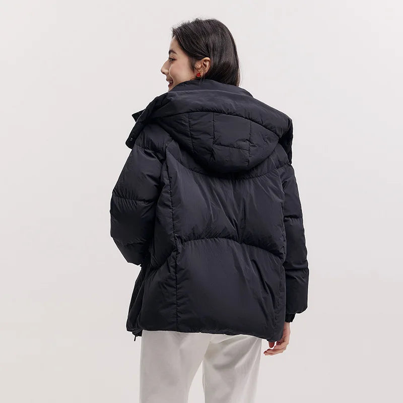Mid-Length Loose Fit Hooded Down Jacket - Women's Textured Winter Coat