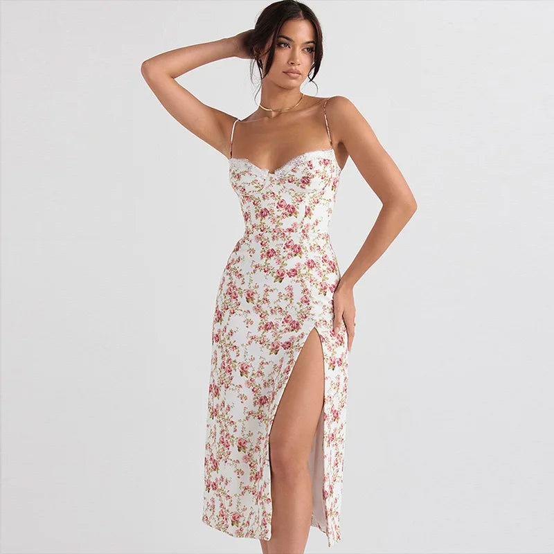 Women Lace Dress- Midi Backless Slit  Summer Elegant Floral Dress