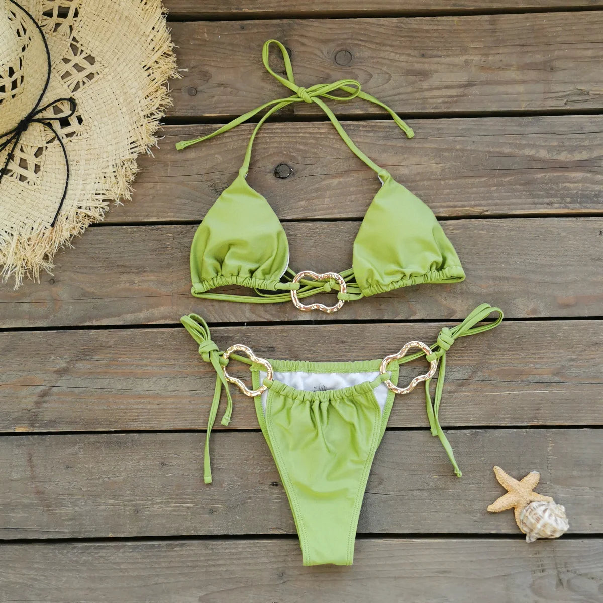 Women's Gold Ring Bikini Swimwear Halter Tie Knot Two-Piece Bikini Set