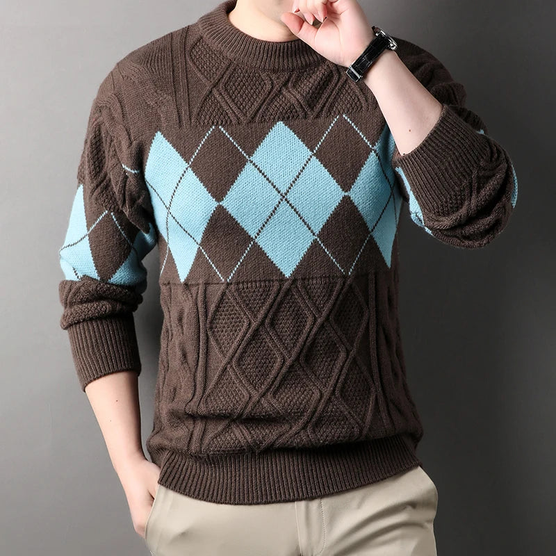 Men's Argyle Mock Neck Knitted Sweater - Warm Casual Pullover