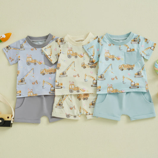 Boys' Excavator Print Summer Outfit Set - Short Sleeve Top with Elastic Waist Shorts