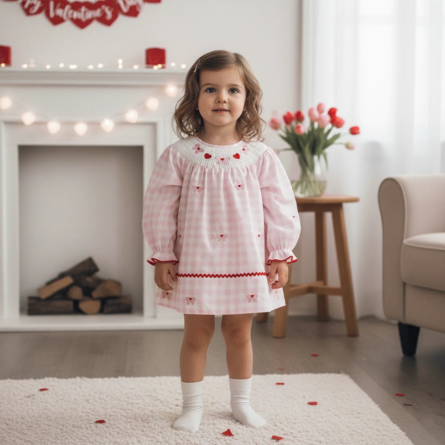 Girls Valentine Dress - Heart Bow Embroidery Plaid Print with Puff Sleeves