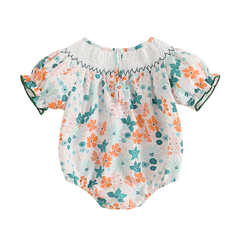 Baby Girls Floral Letter Embroidery Romper - Smocked Short Sleeve Playsuit (0-12M)