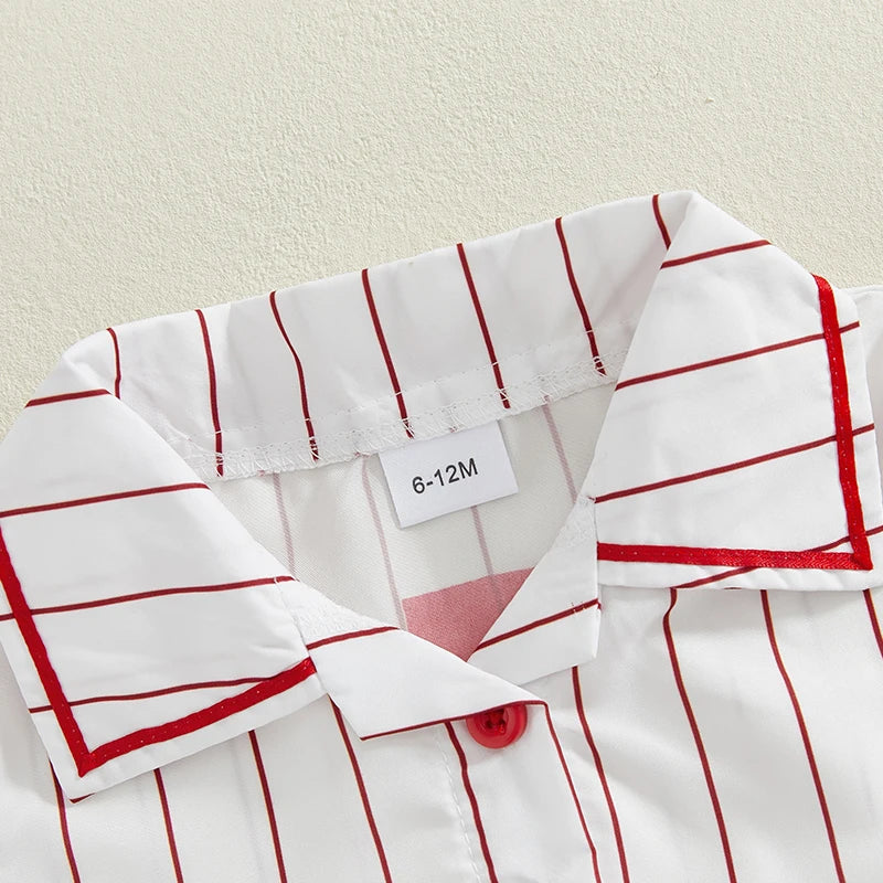 0-4Y Kids Girls Summer Baseball Dress Striped Short Sleeve Single Breasted Back Letter Print Dress with Belt