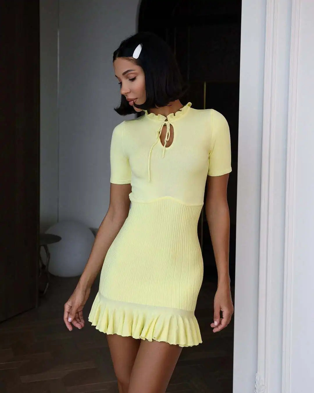 Women's Autumn Tie Front Ribbed Knit Mini Dress - Bodycon Party Dress