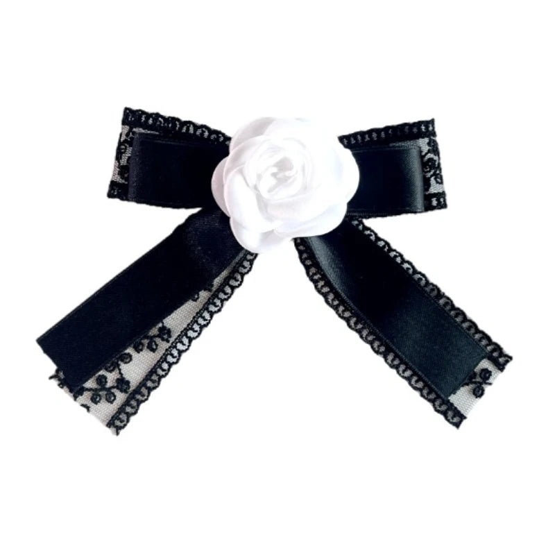 Elegant Black Lace Bow Tie Brooch - Camellia Flower Lapel Pin