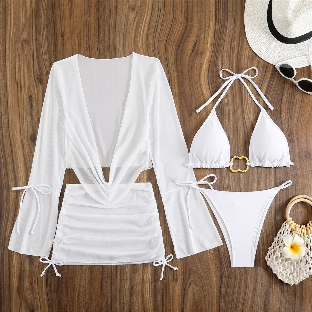 Women's Long Sleeve Cover Up Skirt Halter Bikini Swimsuit Swimwear Four-pieces Bikini Set