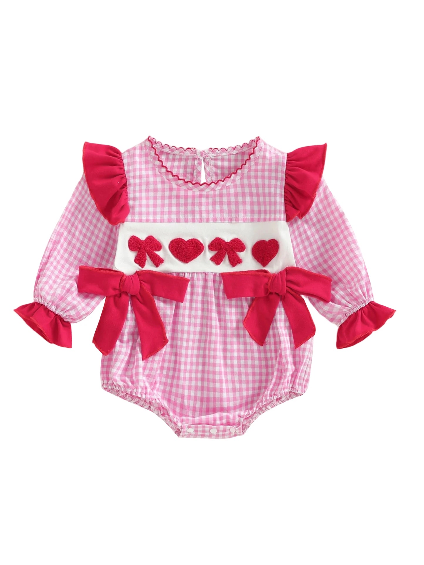 Baby Girls Boys Valentine's Day Plaid Print Bow Heart Embroidered Long Sleeve Romper