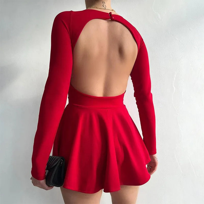 Women's Backless V Neck A-Line Mini Dress - Long Sleeve Pleated Dress