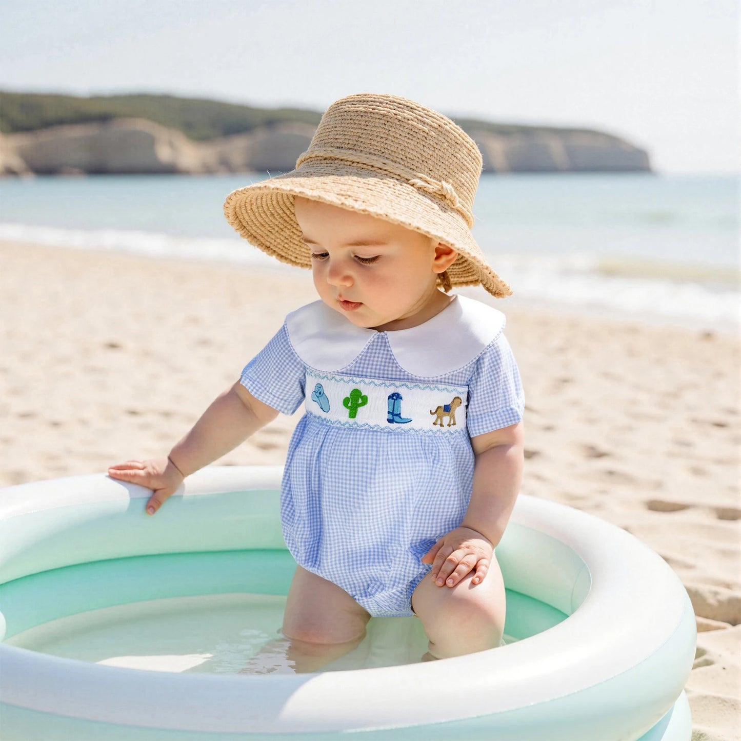 Lovely Baby Summer Romper - Plaid Print Western Embroidery Doll Collar Jumpsuit (0-18M)
