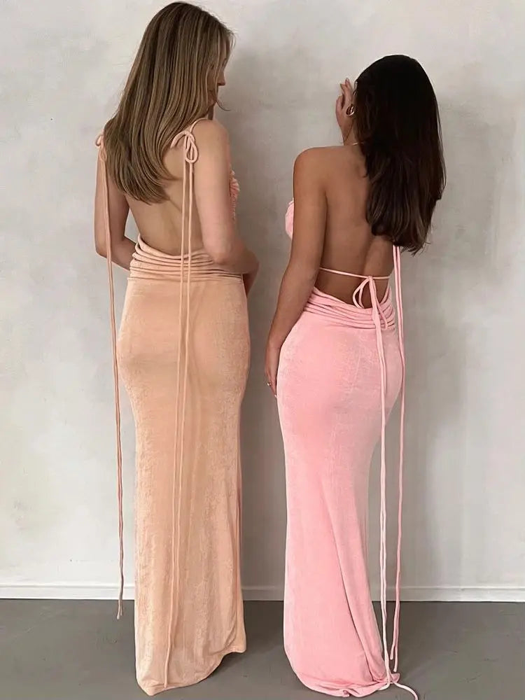 Women's Backless Draped Maxi  Party Sleeveless Knit Ruched Long Dress