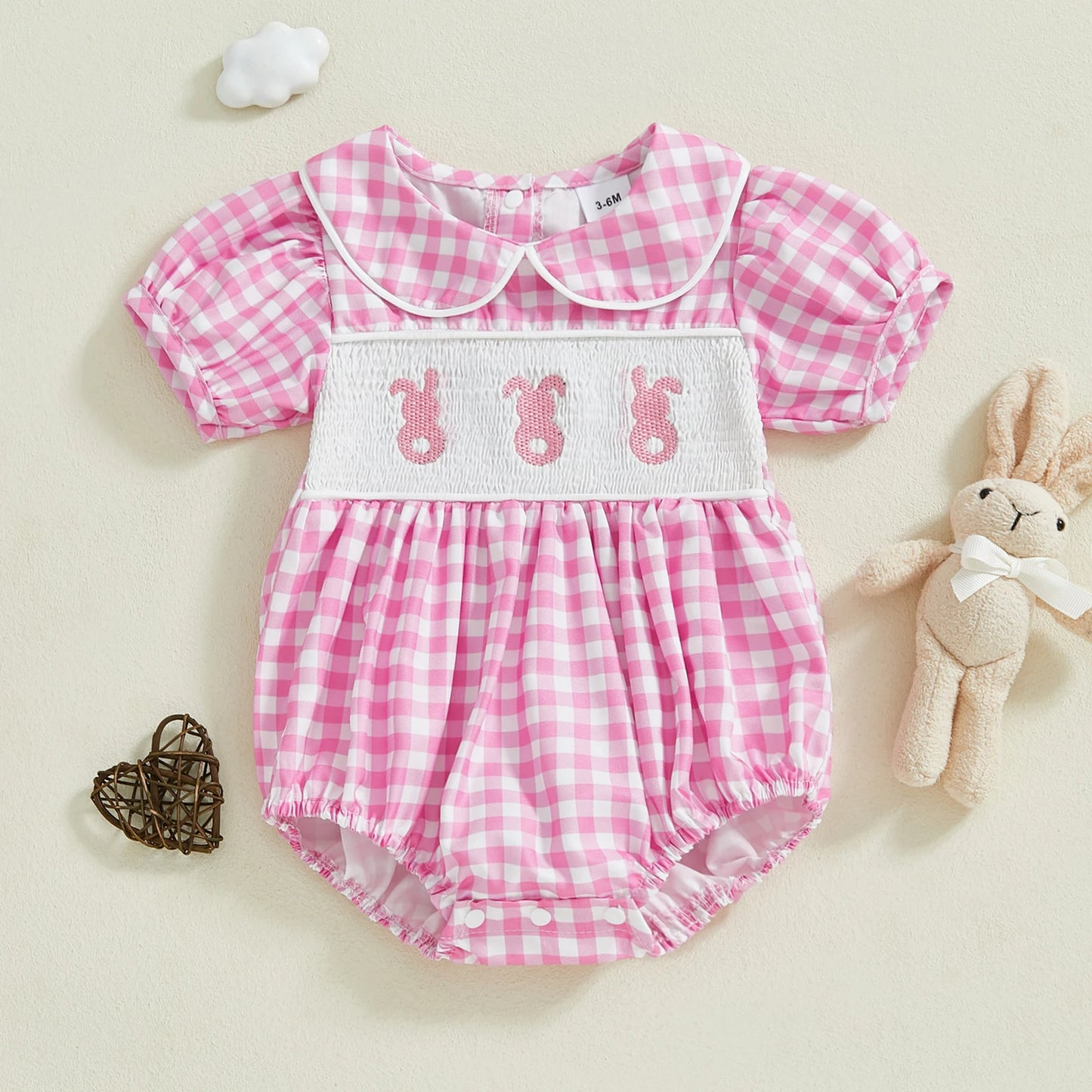 Baby Easter Romper with Bunny Embroidery - Smocked Doll Collar Bodysuit (Unisex)