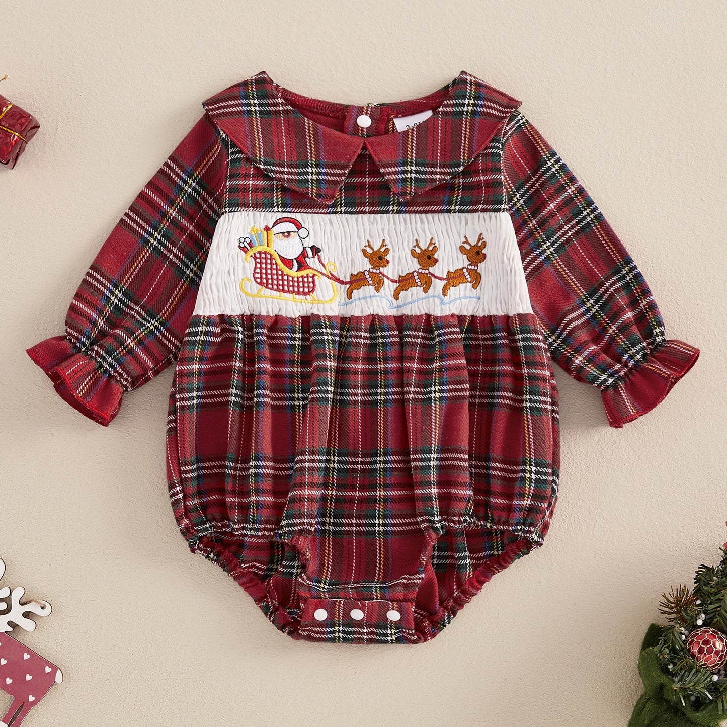 Christmas Santa Embroidery Peter Pan Collar Romper - Baby Girls Plaid Jumpsuit