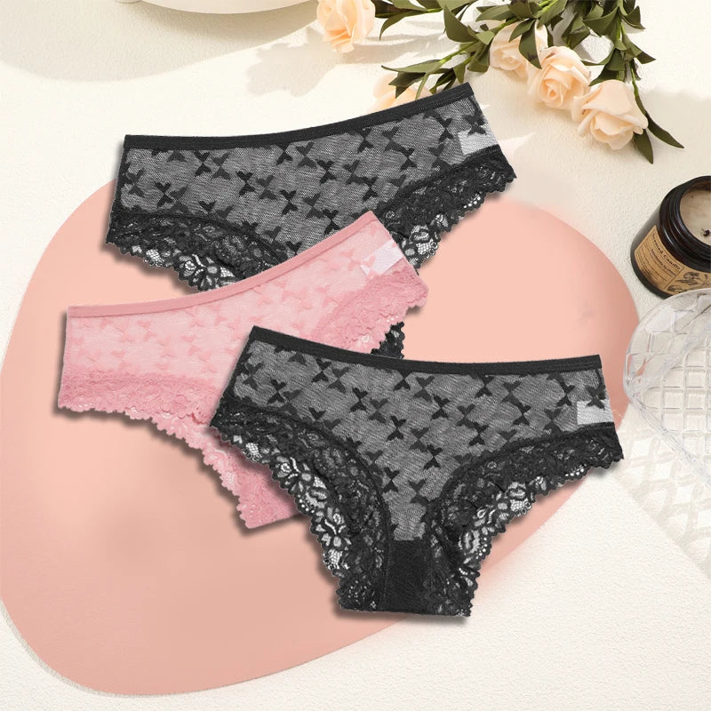 Women's Lace Underwear 3-Piece Set - Floral Hollow Out Briefs