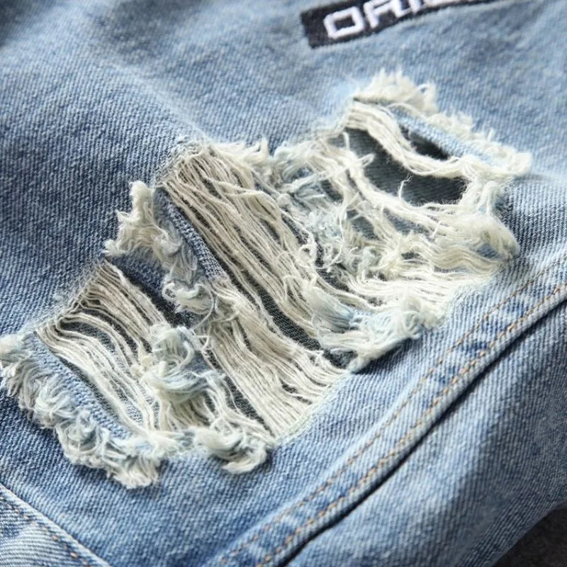 Men's Embroidered Denim Jacket - Retro Ripped Street Style