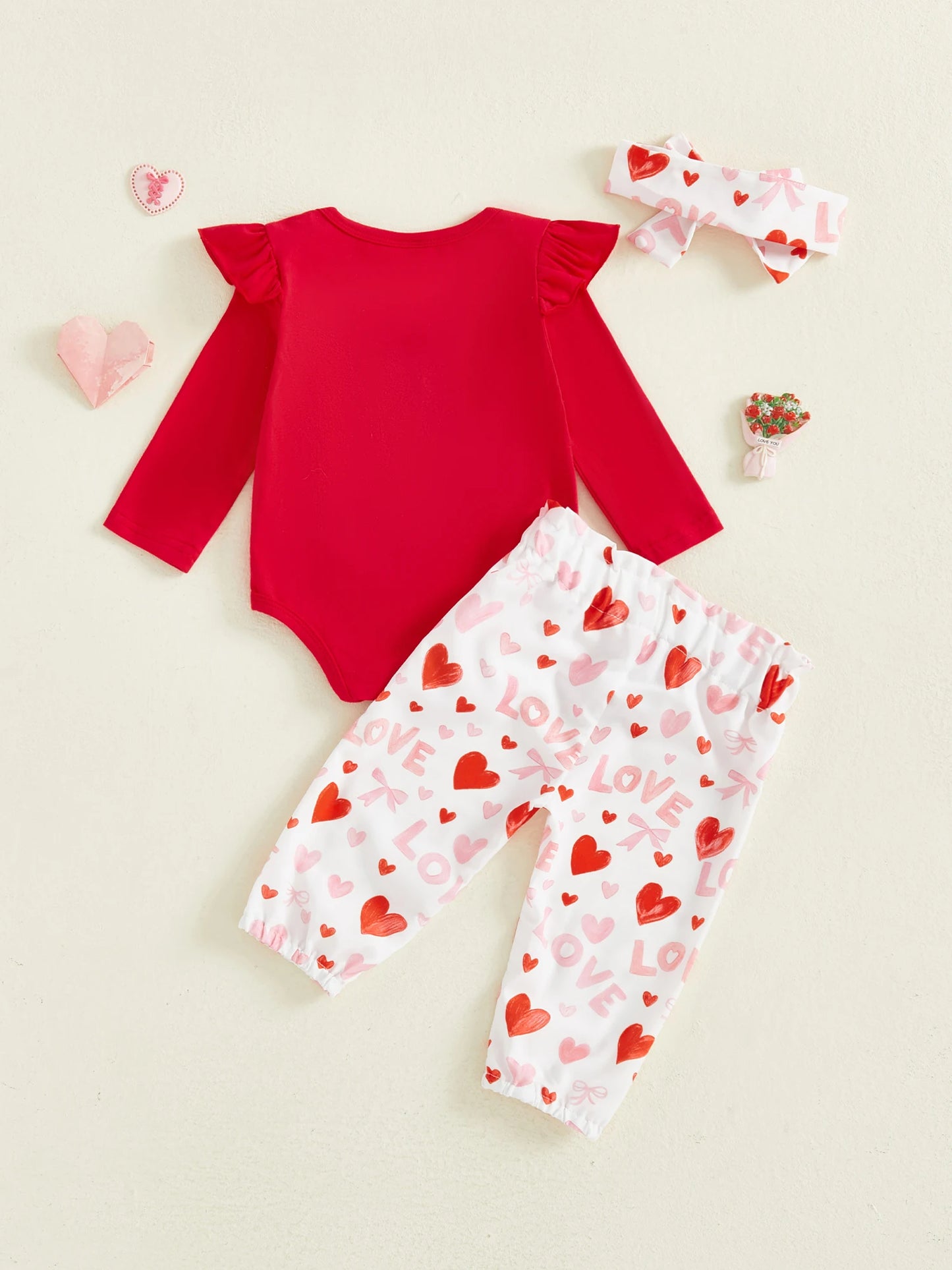 Baby Girls Valentine's Day 3-Piece Outfit Set - Ruffle Romper, Pants & Headband