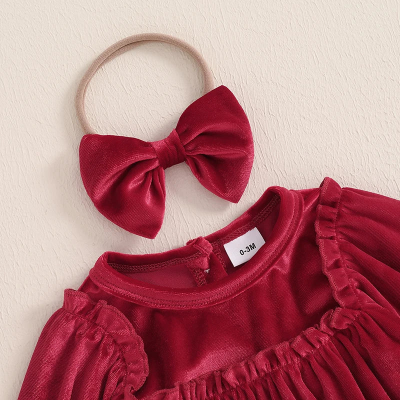 Baby Girl's Christmas Velvet Romper Set with Headband - Round Neck Long Sleeve