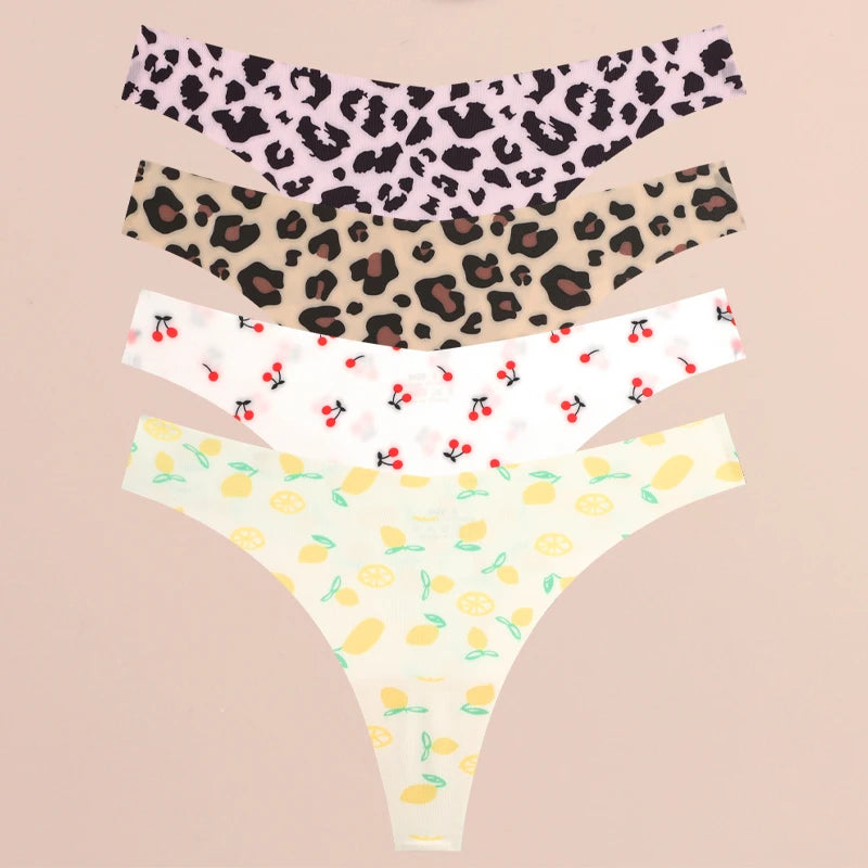 Women's 4Pcs Ultra Soft Underwear Graphic Print Seamless Thongs Stretch Leopard G Strings Comfort Lingerie