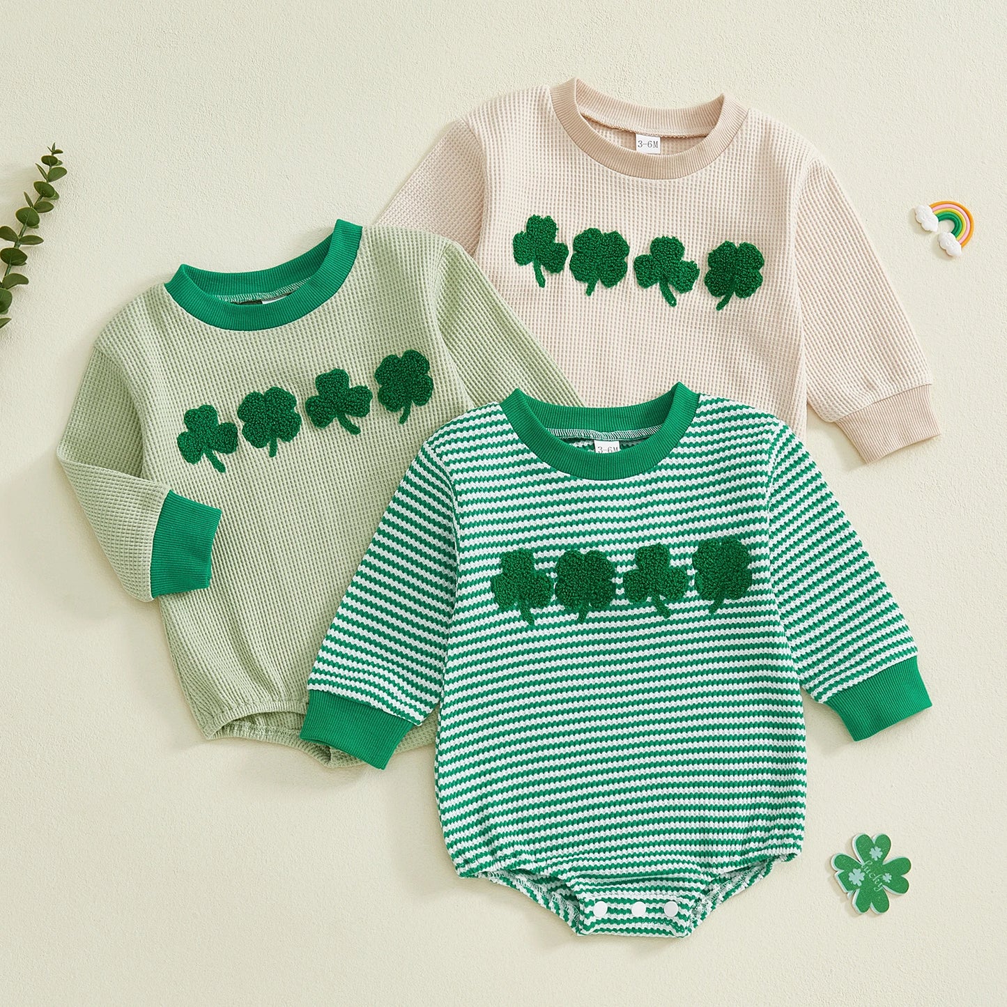 Baby Boys Girls Festival Romper - Shamrock Embroidery Plaid Long Sleeve Jumpsuit