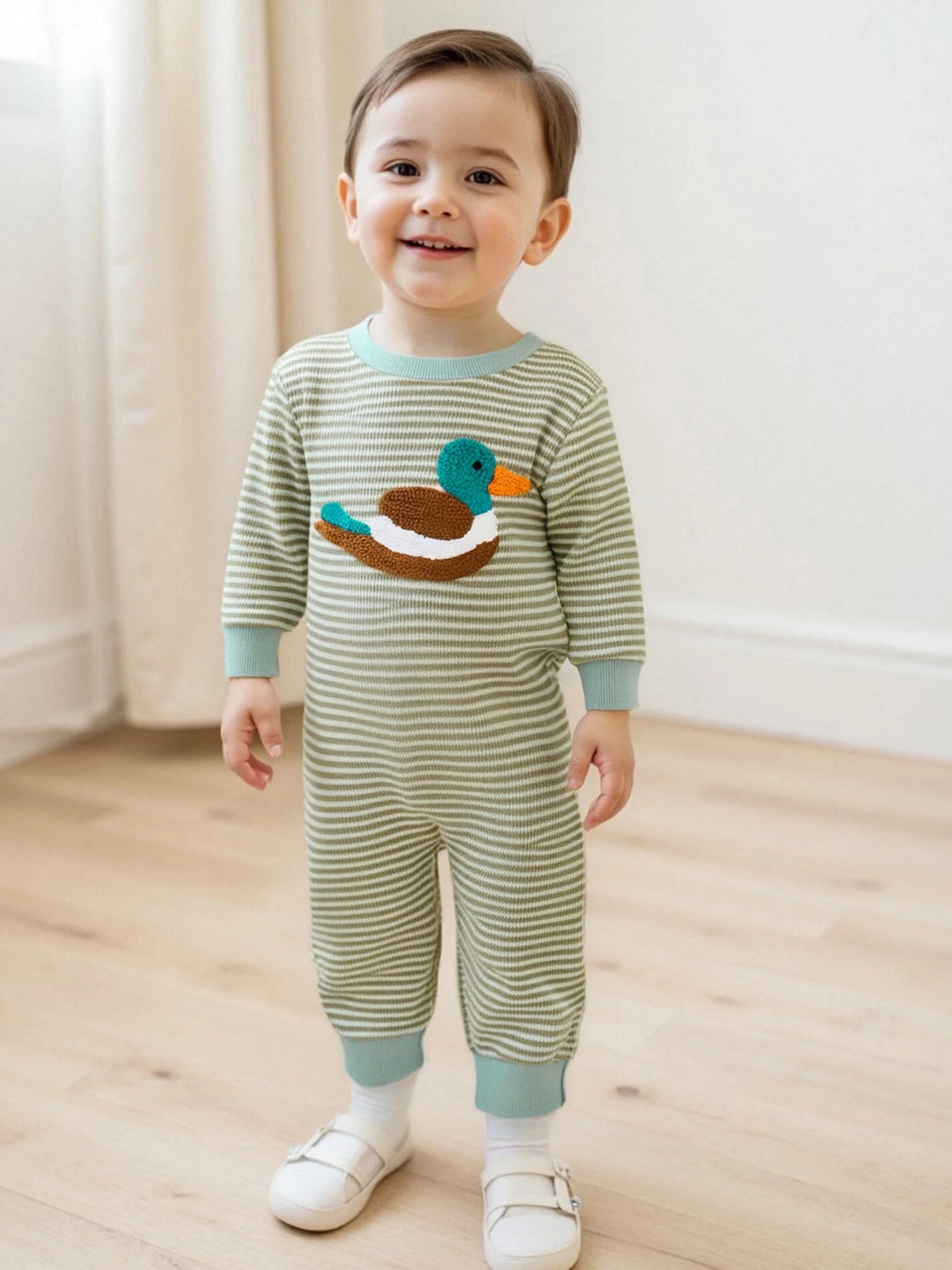 Baby Boys Striped Romper with Duck Embroidery - Long Sleeve Autumn Jumpsuit (0-18M)
