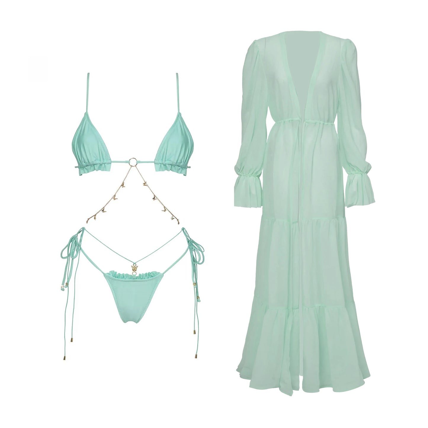 Women's Chain Detail One Piece Swimsuit with Cover Up Set