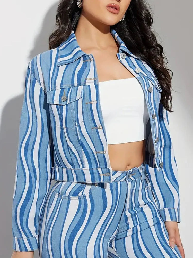 Women Lapel Long Sleeve Jacket High Waist Wide Leg Hit Colour Striped Two Piece Set